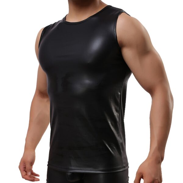 Camisetas de couro de patente macia sexy homens, estiramento da bainha das partes superiores sem mangas, de couro do plutônio - Image 6
