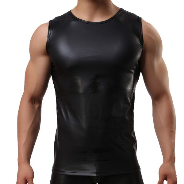 Camisetas de couro de patente macia sexy homens, estiramento da bainha das partes superiores sem mangas, de couro do plutônio