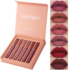 Kit de batom líquido HANDAIYAN fosco impermeável, veludo nu, brilho labial, matiz Lipgloss, 6 cores/caixa