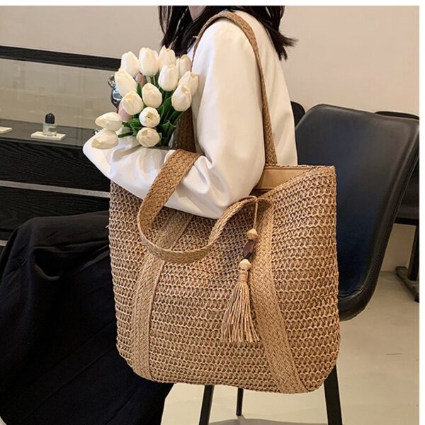 Bolsa feminina Saco trançado de palha Mão, tecido Simples, Holiday Beach Shoulder Bag Tendência Casual Grande - Image 6