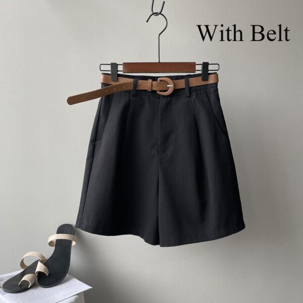 Shorts de pernas largas feminino com cinto, cintura alta, bege, grande, solto, botão, monocromático, clássico, casual, verão - Image 8