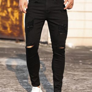 Calça Brim Preto rasgado Streetwear, hip hop denim, casual, jogging