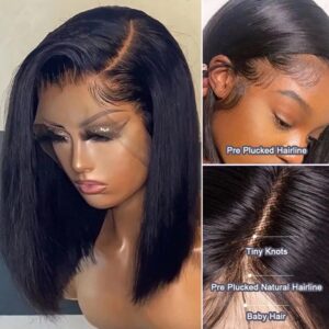 Peruca Bone Straight Bob para mulheres, cabelo humano frente com renda, curta Bob, frontal com renda sem cola HD, 180%