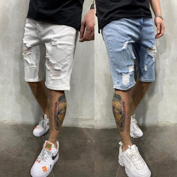 Bermuda Jeans Rasgado, Verão, Rasgado, Homens Denim Calças Stretch Branco Moda Jeans Streetwear. - Image 8