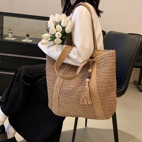 Bolsa feminina Saco trançado de palha Mão, tecido Simples, Holiday Beach Shoulder Bag Tendência Casual Grande - Image 5