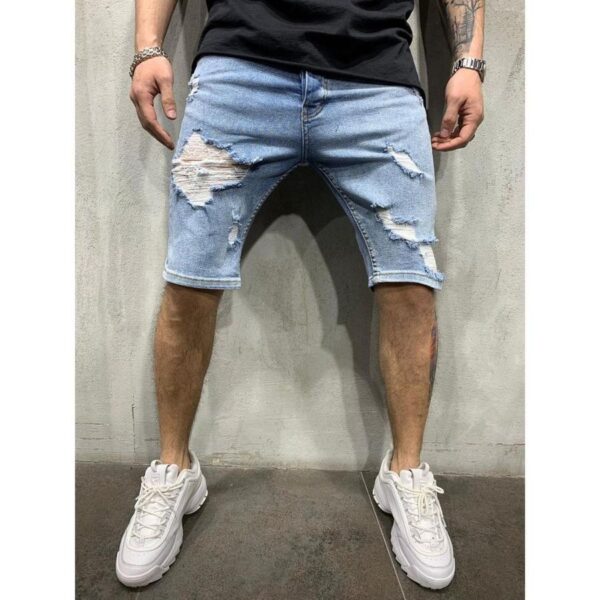 Bermuda Jeans Rasgado, Verão, Rasgado, Homens Denim Calças Stretch Branco Moda Jeans Streetwear. - Image 7