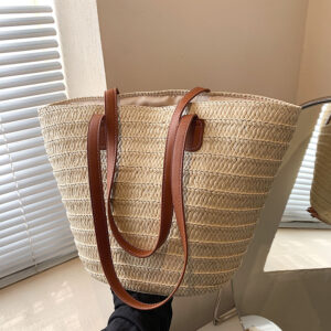 Bolsa de ombro de palha grande feminina, cesta trançada com alça superior, portátil