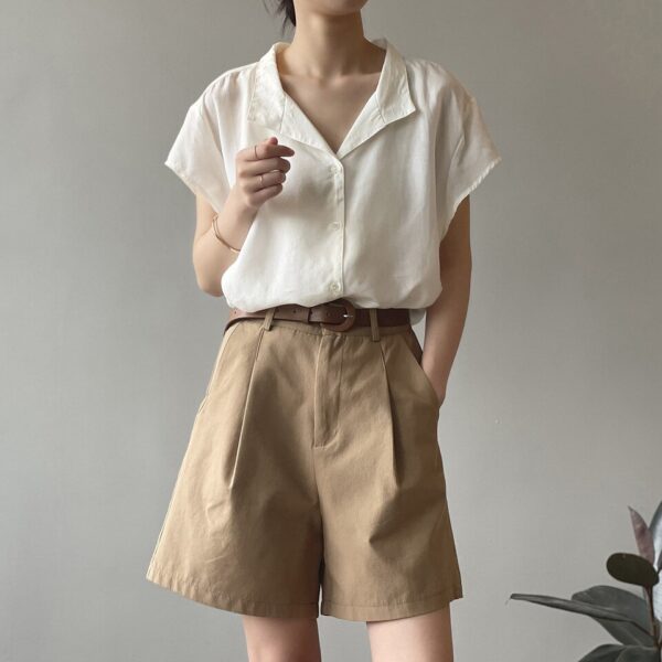Shorts de pernas largas feminino com cinto, cintura alta, bege, grande, solto, botão, monocromático, clássico, casual, verão - Image 12