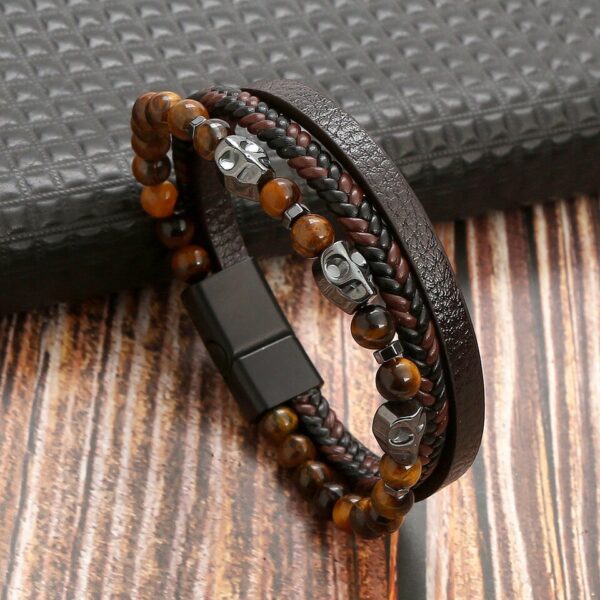 Pulseira alta qualidade couro, Classic Fashion Tiger Eye Beaded Multi Layer Leather Bracelet For Men - Image 29
