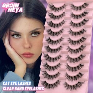 Cílios GROINNEYA-Pacote de Cílios Vison, 3D Clear Band, Manga Falsa, Olho de Gato, Natural, 5 Pares, 10 Pares