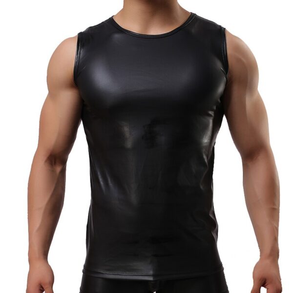 Camisetas de couro de patente macia sexy homens, estiramento da bainha das partes superiores sem mangas, de couro do plutônio - Image 3