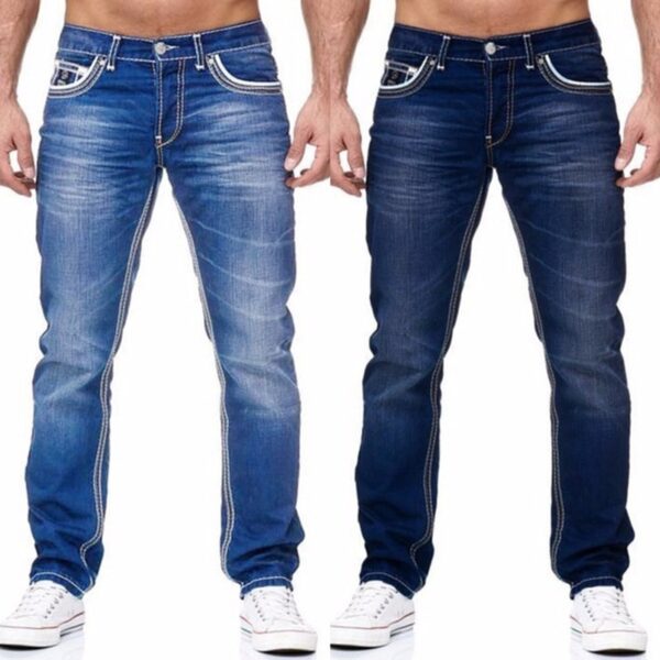 Calça Jeans masculina monocromático com bolsos, calça reta, casual, streetwear diário, primavera e verão