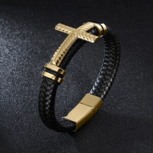 Pulseira de couro trançado à mão para homens e mulheres, cruz simples e delicada, amuletos cristãos