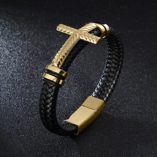 Pulseira de couro trançado à mão para homens e mulheres, cruz simples e delicada, amuletos cristãos