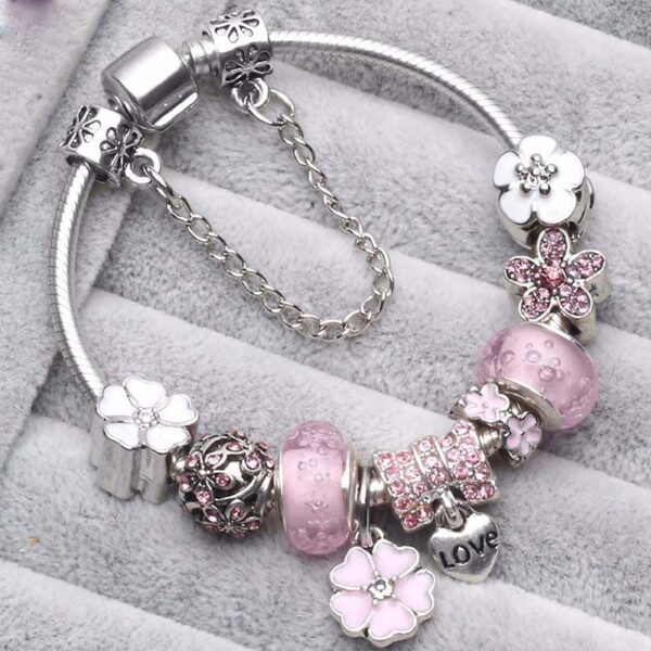 Pulseira Feminina-925 prata esterlina original, três cores primavera shili pêssego flor - Image 3