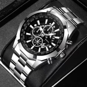 WOKAI Relógio de Quartzo de Aço Masculino, Retro Empresarial, Calendário Duplo, Multi-função, Impermeável, Luminoso, Alta Qualidade