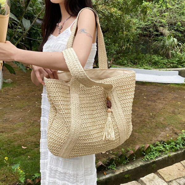 Bolsa feminina Saco trançado de palha Mão, tecido Simples, Holiday Beach Shoulder Bag Tendência Casual Grande - Image 2