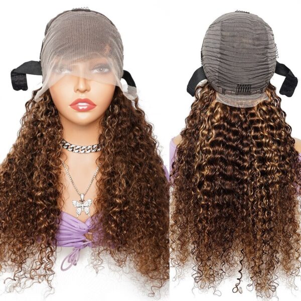 Peruca Cabelo remy sem cola com elástico para mulheres, Jerry Curly Lace Frontal Wigs, cabelo humano brasileiro, peruca de fechamento 4x4, P4/27 Highlight - Image 4