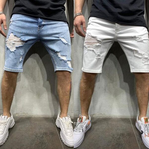 Bermuda Jeans Rasgado, Verão, Rasgado, Homens Denim Calças Stretch Branco Moda Jeans Streetwear. - Image 4