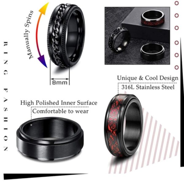 Anel multifacetado preto do sulco do aço inoxidável para homens e mulheres, moda - Image 26