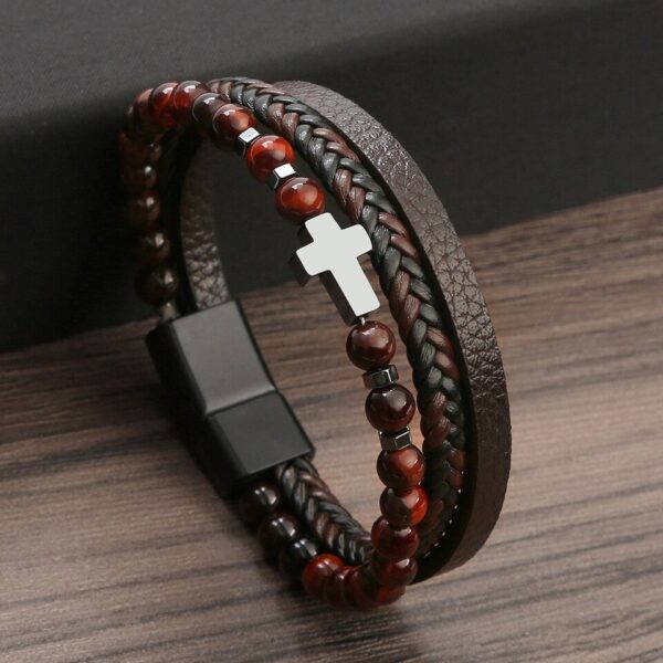 Pulseira alta qualidade couro, Classic Fashion Tiger Eye Beaded Multi Layer Leather Bracelet For Men - Image 13