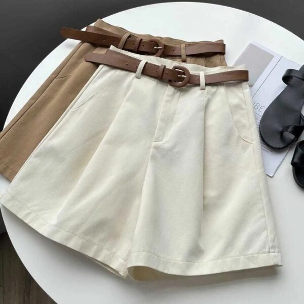 Shorts de pernas largas feminino com cinto, cintura alta, bege, grande, solto, botão, monocromático, clássico, casual, verão - Image 5