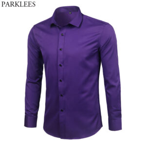 Camisas masculina em fibra de bambu, slim fit, manga comprida, sem ferro, fácil cuidado, formal, roxa, nova, 2023
