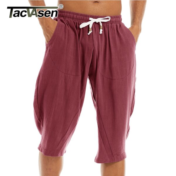 Bermudas masculina de linho de algodão harém, Tacvasen, abaixo do joelho baggy yoga fitness 3/4 - Image 10