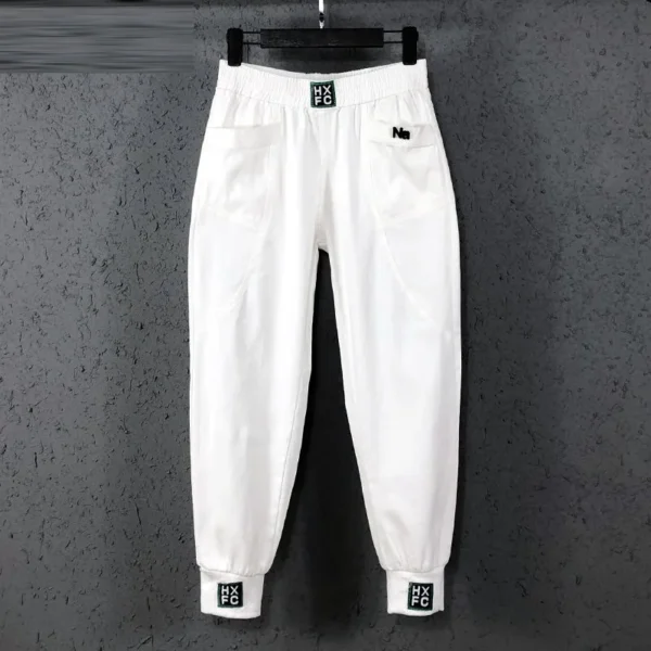 Calças feminina, primavera verão, coreia, cintura elástica, solta jeans branco todo-combinado casual algodão denim harém s982