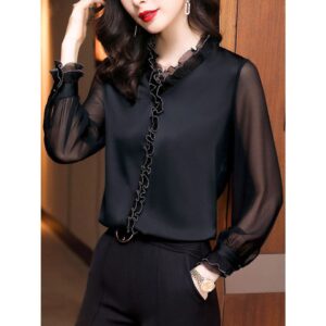 Camisas feminina, rendas babados, chiffon, outono inverno, manga longa pullovers blusa elegante do vintage 4xl