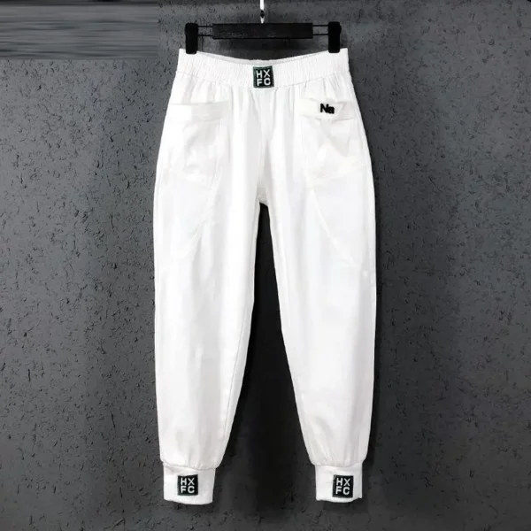 Calças feminina, primavera verão, coreia, cintura elástica, solta jeans branco todo-combinado casual algodão denim harém s982 - Image 9