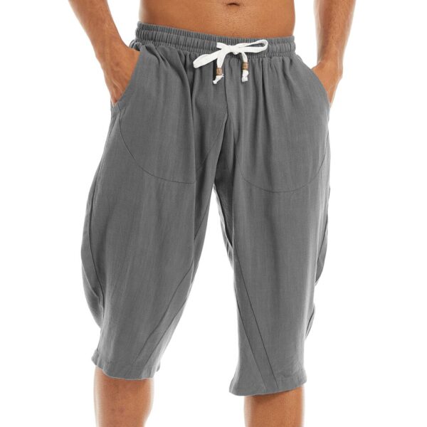 Bermudas masculina de linho de algodão harém, Tacvasen, abaixo do joelho baggy yoga fitness 3/4 - Image 5