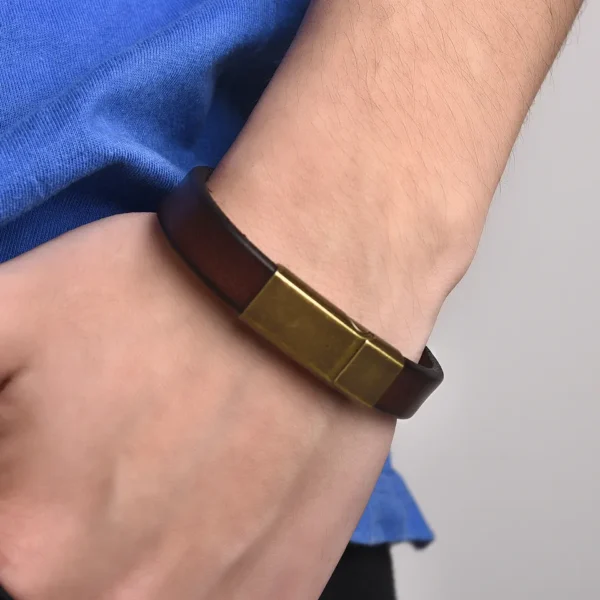 Pulseiras masculina de couro marrom, Jiayiqi, fecho magnético de aço inoxidável, braceletes fashion, novo, presente, 18,5 cm, 20,5 cm, 22,5 cm - Image 2