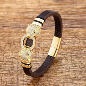 Pulseiras unissex, Animal Forma AAA Cubic Zirconia, Couro Genuíno, Pulseiras De Pulso Marrom, Jóias De Luxo, Pulseiras Da Moda