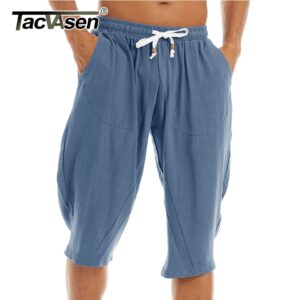 Bermudas masculina de linho de algodão harém, Tacvasen, abaixo do joelho baggy yoga fitness 3/4