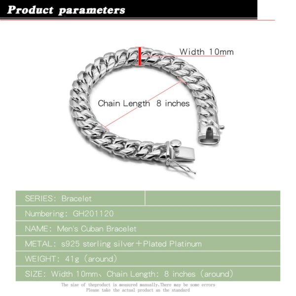 Pulseiras masculina de prata esterlina 100%, bracelete com fecho de prata esterlina 925, 10mm, 20cm, joia de personalidade - Image 2