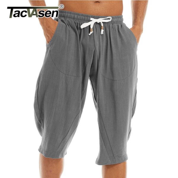 Bermudas masculina de linho de algodão harém, Tacvasen, abaixo do joelho baggy yoga fitness 3/4 - Image 12