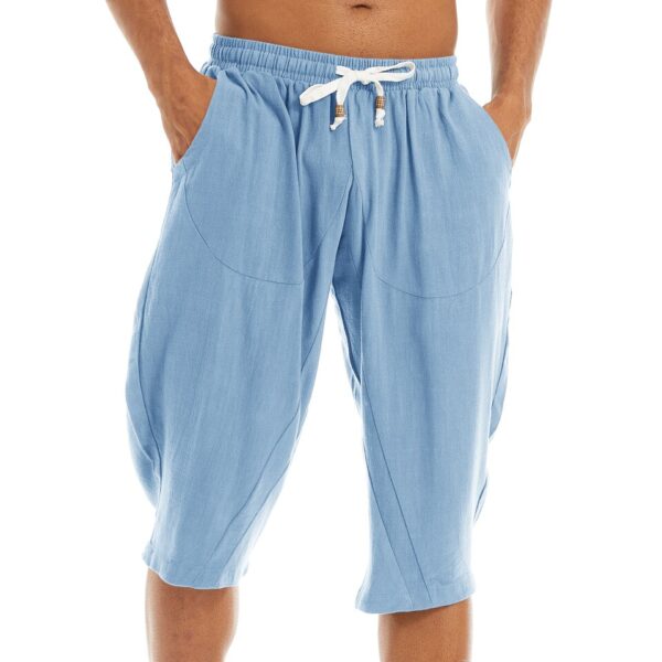 Bermudas masculina de linho de algodão harém, Tacvasen, abaixo do joelho baggy yoga fitness 3/4 - Image 2