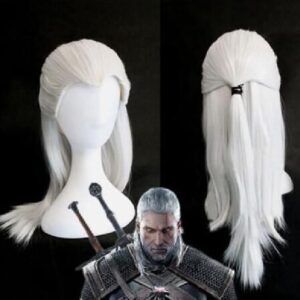 Perucas longa reta, HAIRJOY, Prata Branco Geralt de Rivia Cosplay, Traje Sintético Cabelo Calor Fibra Resistente