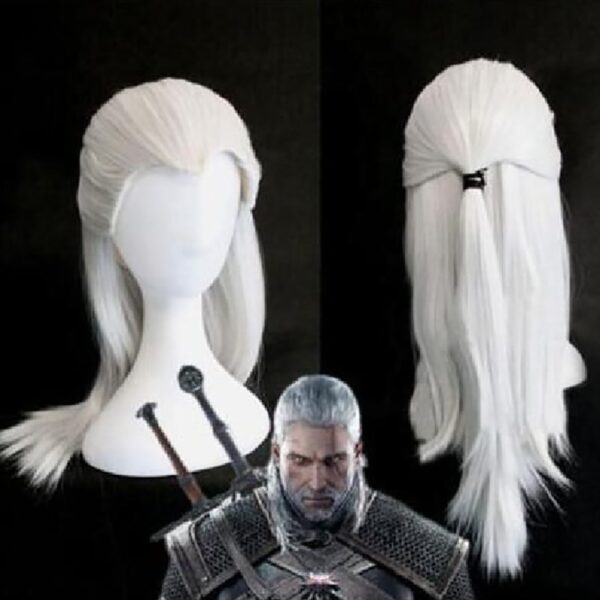Perucas longa reta, HAIRJOY, Prata Branco Geralt de Rivia Cosplay, Traje Sintético Cabelo Calor Fibra Resistente