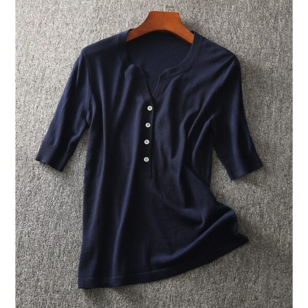 Camisas feminina de malha com decote v, pulôver feminino, blusa de manga curta, malha, E889, 2023 - Image 3