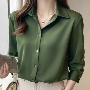 Camisas feminina chiffon manga comprida, top verde e branco, camisa, E678, 2023
