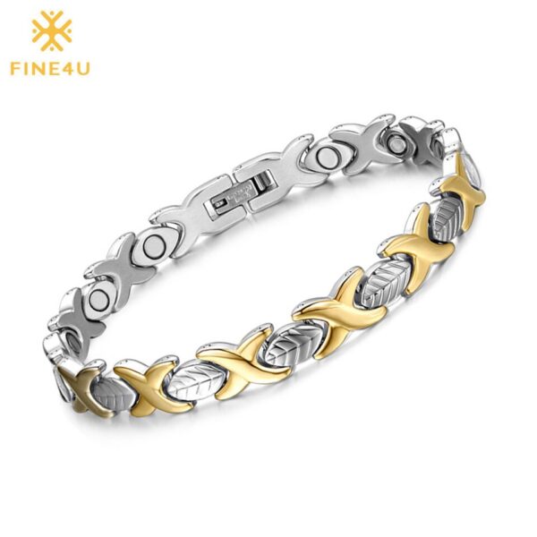 Pulseiras feminina de saúde magnética, FINE4U-B077, corrente manual, design de folhas, aço inoxidável 316L, pulseira energética saudável