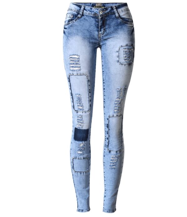 Calças feminina cintura baixa, jeans, Estilo verão, céu azul retalhos, justas, lápis, alto estiramento sexy push up - Image 3