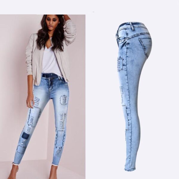 Calças feminina cintura baixa, jeans, Estilo verão, céu azul retalhos, justas, lápis, alto estiramento sexy push up - Image 2