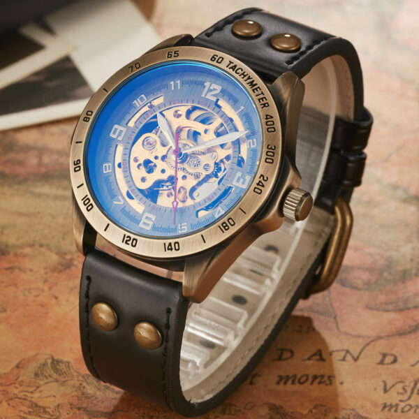 Relógios de pulso mecânico, automático, estilo retrô, steampunk, pulseira de couro genuíno, relógios de pulso auto-enrolados, esqueleto - Image 3