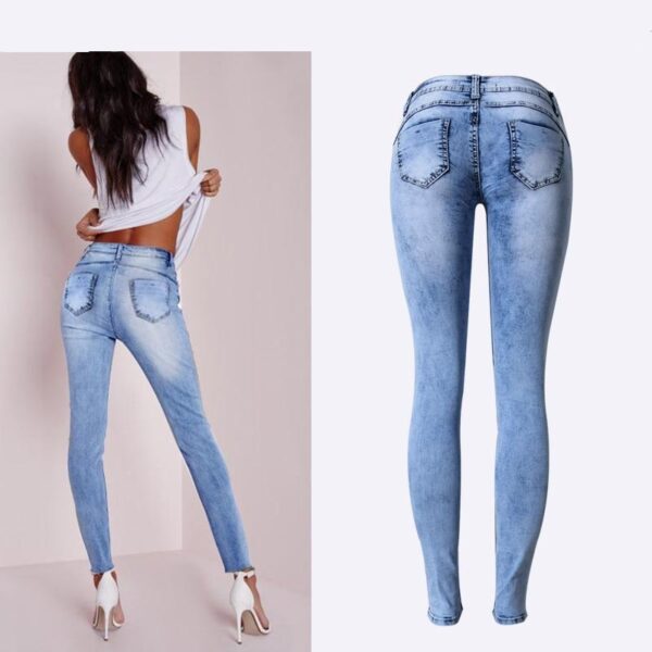 Calças feminina cintura baixa, jeans, Estilo verão, céu azul retalhos, justas, lápis, alto estiramento sexy push up - Image 7