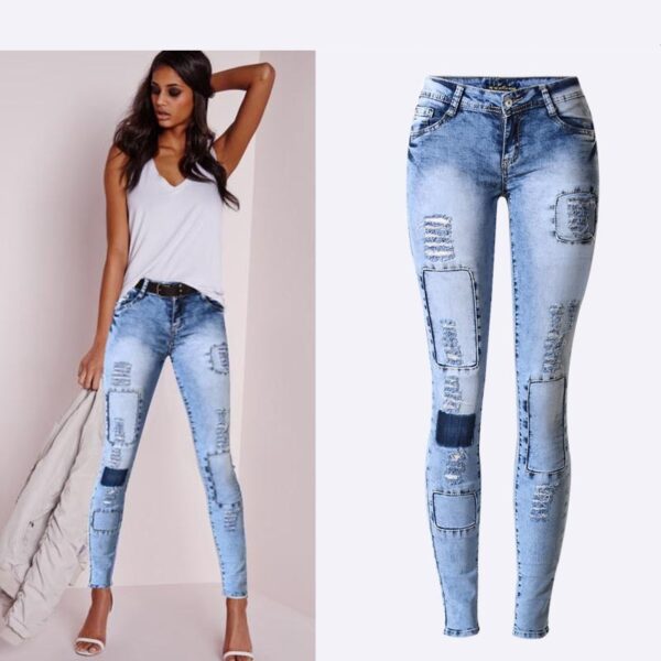 Calças feminina cintura baixa, jeans, Estilo verão, céu azul retalhos, justas, lápis, alto estiramento sexy push up - Image 6