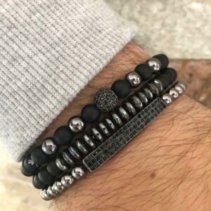 Pulseiras masculina, kit 3 pçs, micro pave cz 8mm disco ball & bar encantos, conjunto, 6mm matte contas de pedra pulseira bileklik