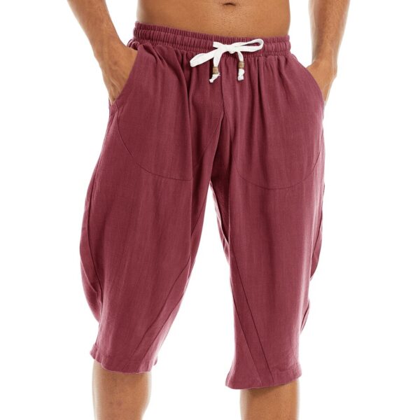 Bermudas masculina de linho de algodão harém, Tacvasen, abaixo do joelho baggy yoga fitness 3/4 - Image 4